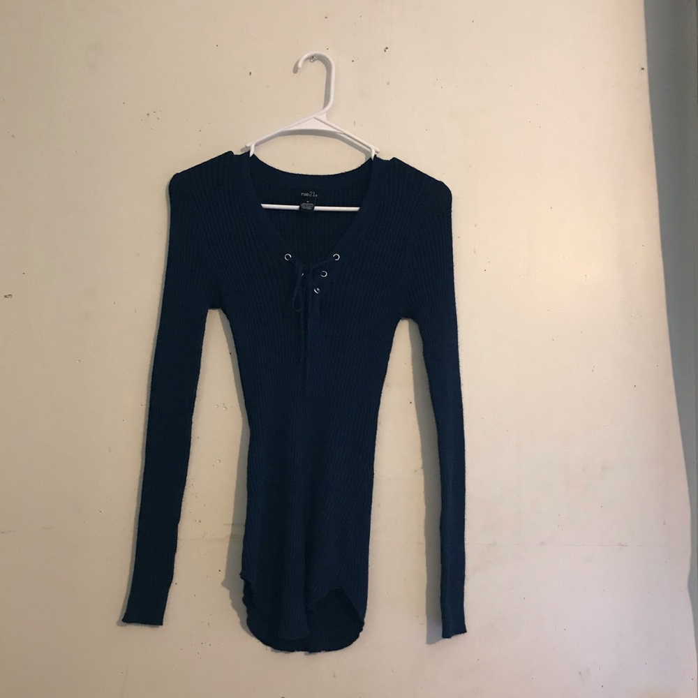 Rue 21 long sleeve blue blouse tie string infront